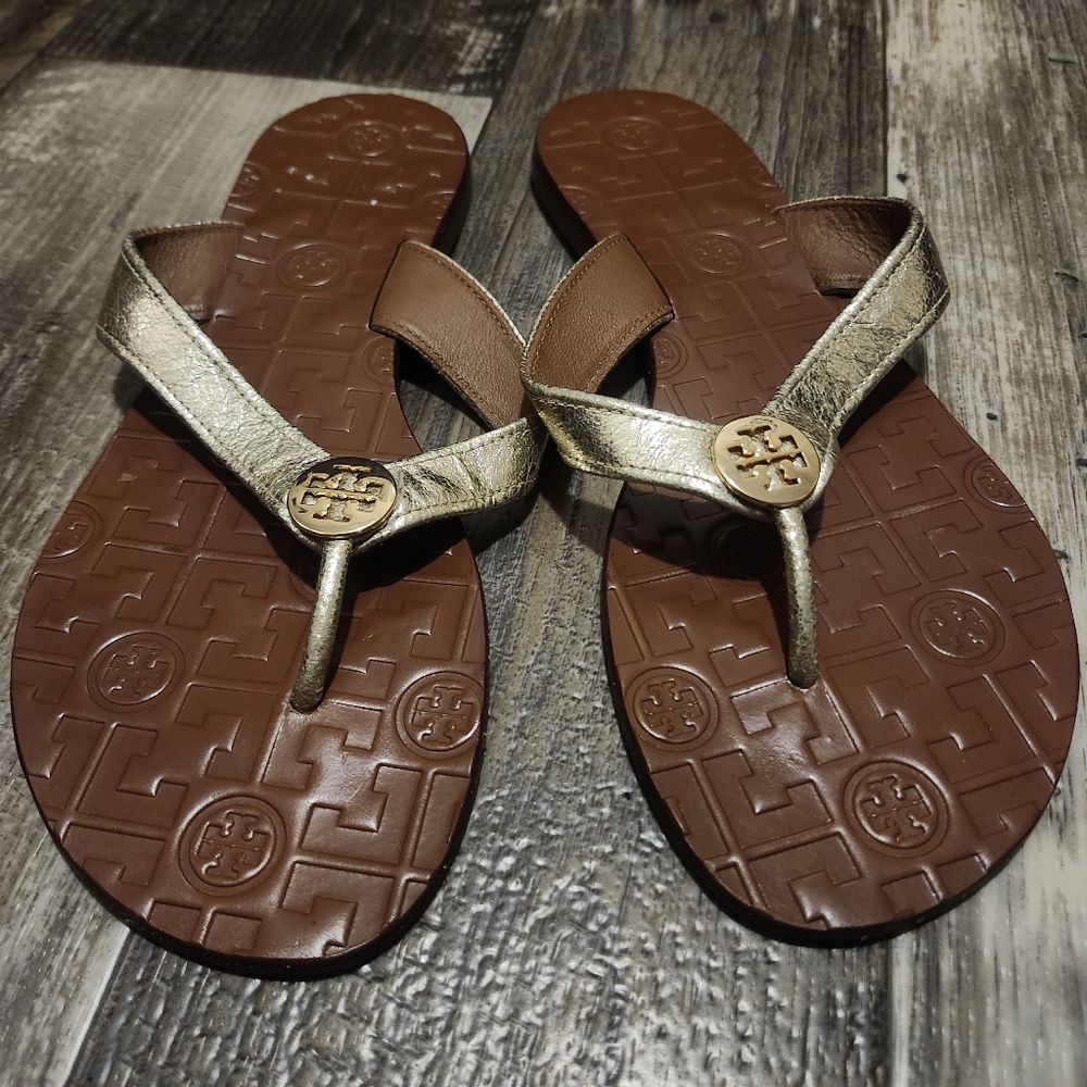 Tory Burch Metallic Gold and Brown Flip Flops Size 9 EUC